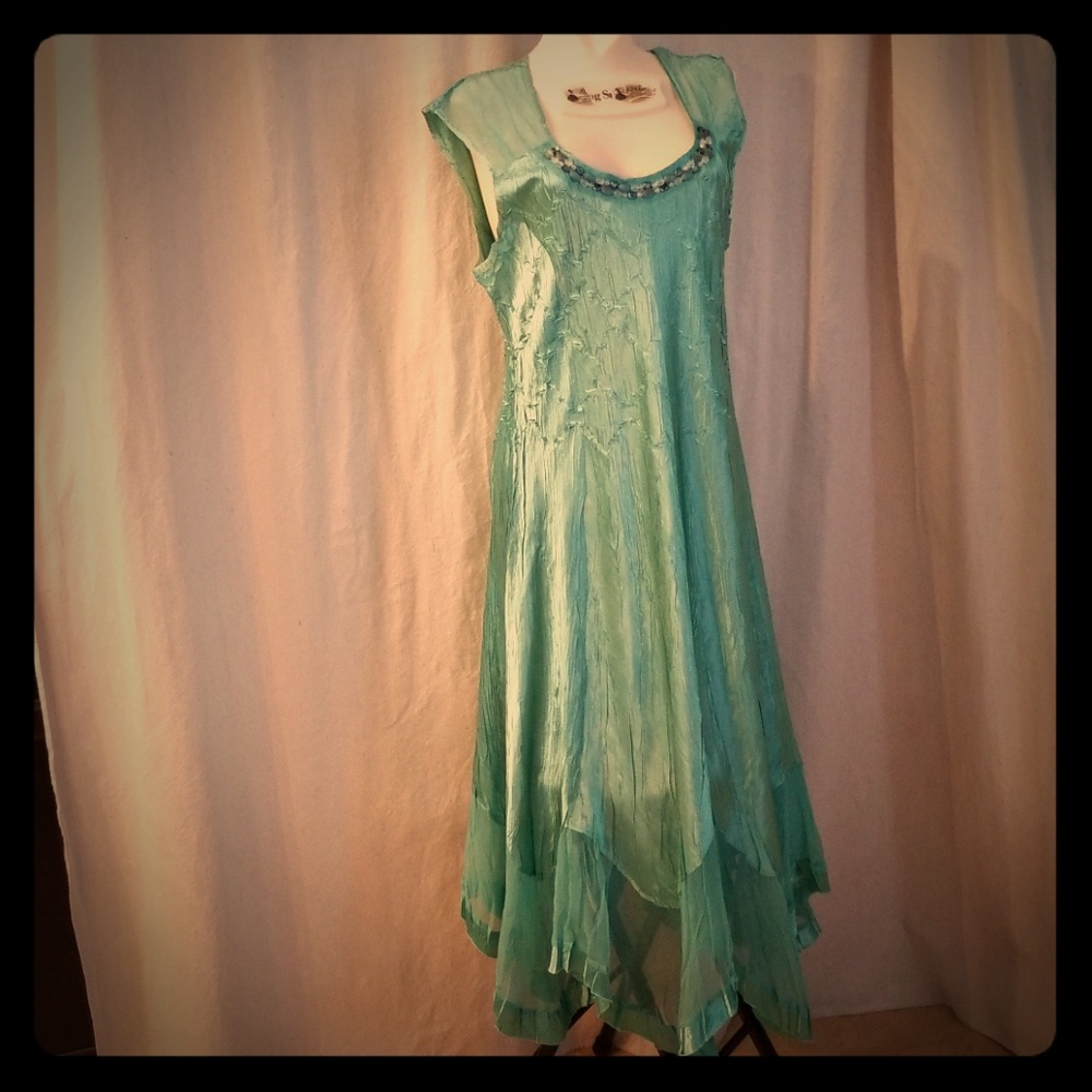 Komarov Teal Green Beaded Chiffon Dress Womens  L - Picture 2 of 8